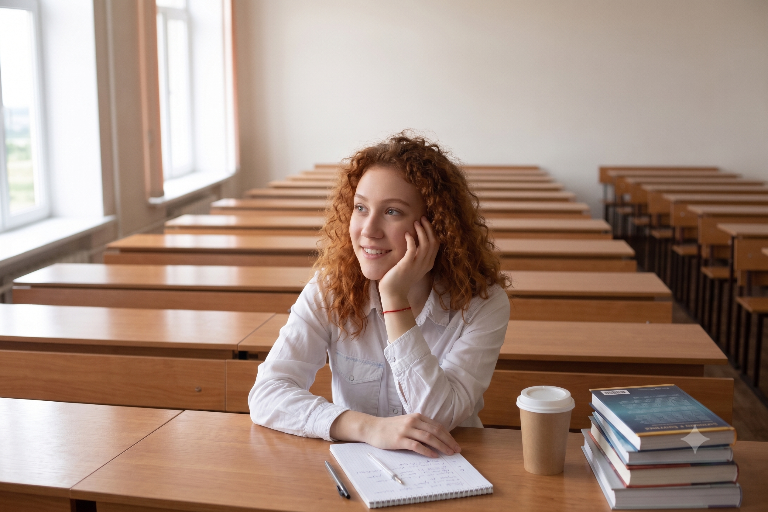 Estudiante universitaria en un aula con material de estudio