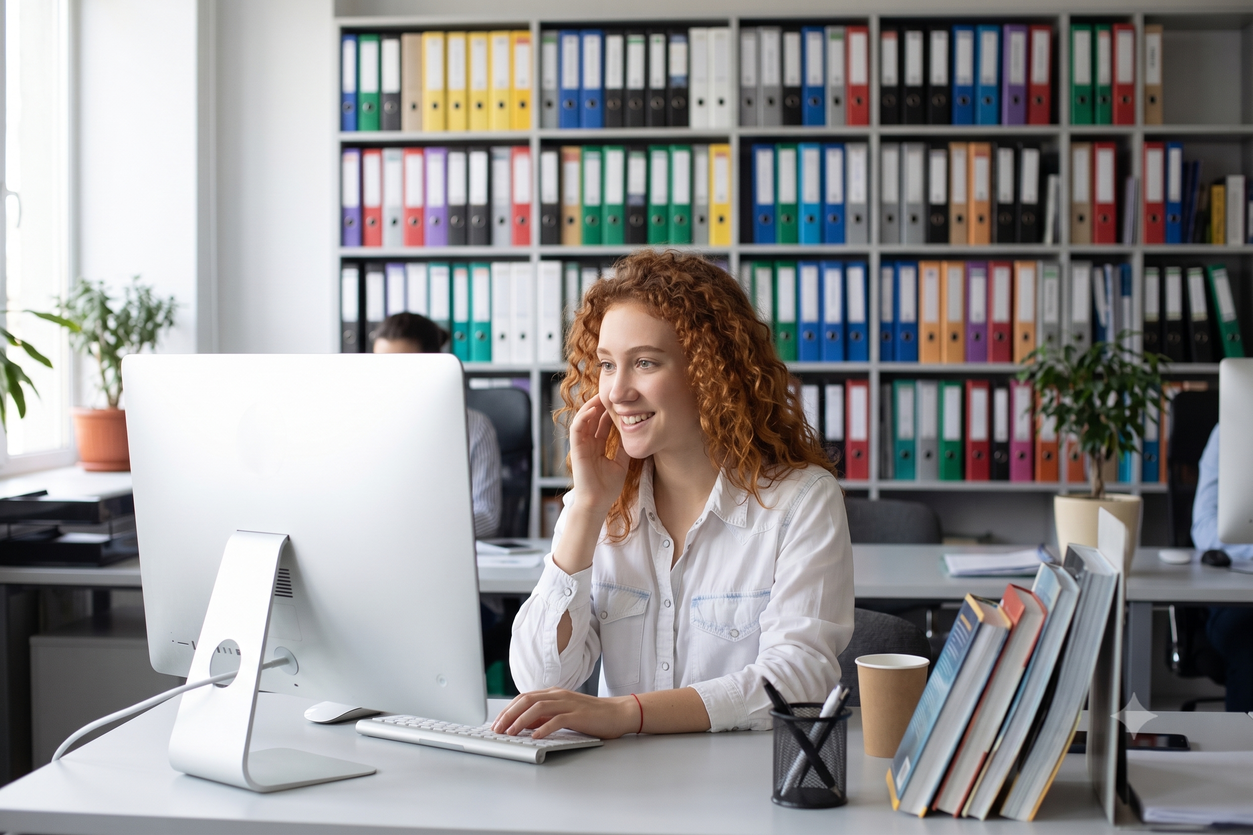 Estudiante trabajando con ordenador en una oficina de documentación
